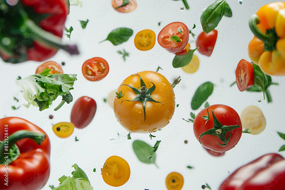 Assorted vegetables soaring in mid-air against a pristine white backdrop, capturing motion and freshness