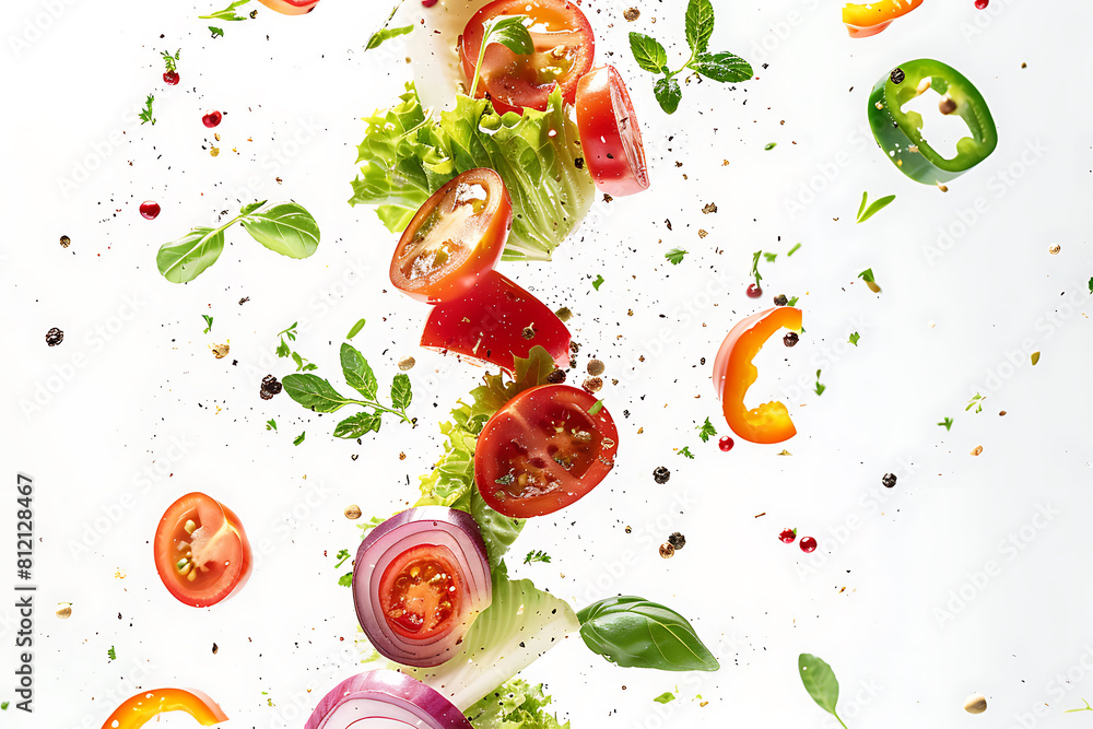 Assorted vegetables soaring in mid-air against a pristine white backdrop, capturing motion and freshness Assorted vegetables soaring in mid-air against a pristine white backdrop, capturing motion and freshness