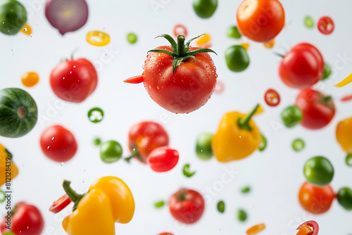 Assorted vegetables soaring in mid-air against a pristine white backdrop  capturing motion and freshness