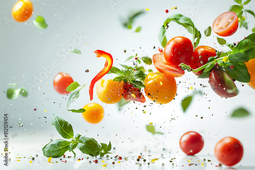 Assorted vegetables soaring in mid-air against a pristine white backdrop, capturing motion and freshness