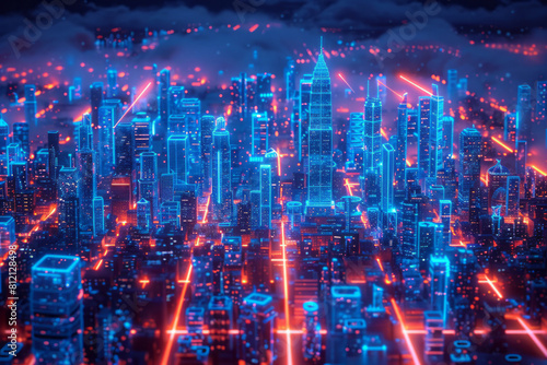A neon blueprint of a smart city, illustrating urban planning and tech integration,