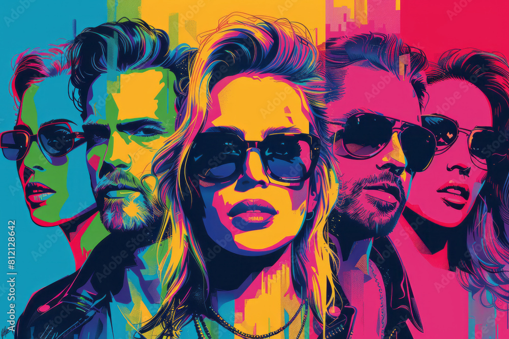 A pop art piece featuring iconic 80s celebrities rendered in soft pastels with neon highlights,