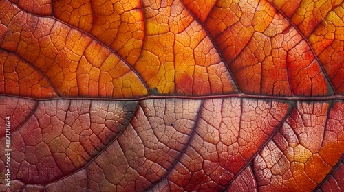 The image is a close-up of a leaf withering and changing color. The veins of the leaf are prominent and the colors are vibrant. The leaf is a symbol of life  growth  and change.