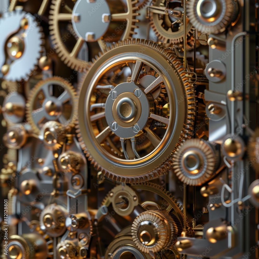 The image is a close-up of a steampunk machine. The machine is made of brass and steel gears. The image is a close-up of a steampunk machine. The machine is made of brass and steel gears.
