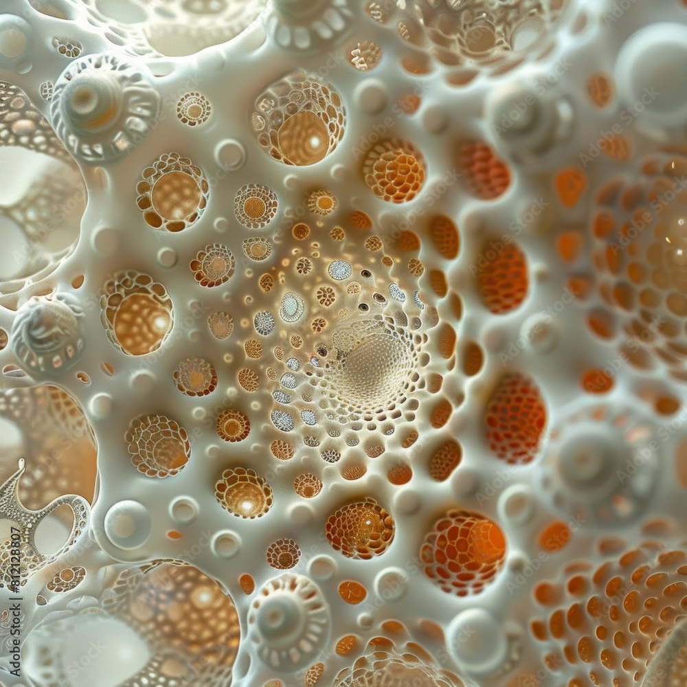 The image is a close-up of a white and orange sponge-like material with a bumpy texture. The image is a close-up of a white and orange sponge-like material with a bumpy texture.
