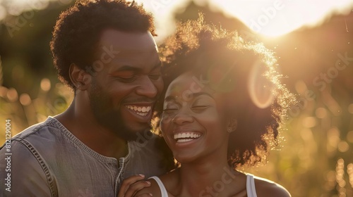 young couple embracing and laughing together in sunny meadow candid lifestyle photo