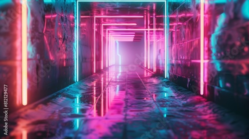 The image is a dark, futuristic tunnel with bright neon lights.