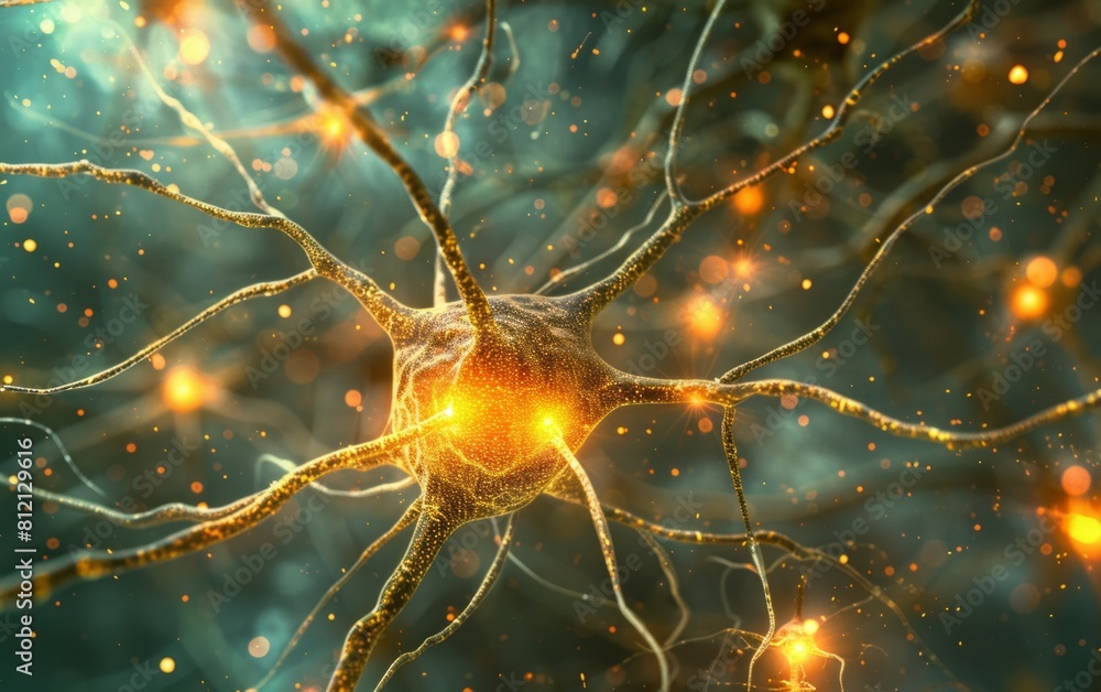 3D render of active nerve cell. 3D render of active nerve cell.
