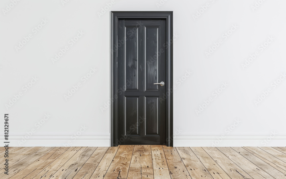Black door on a white wall background, simple interior design with wooden floor. Minimalistic home decor and architectural concept. Black door on a white wall background, simple interior design with wooden floor. Minimalistic home decor and architectural concept.
