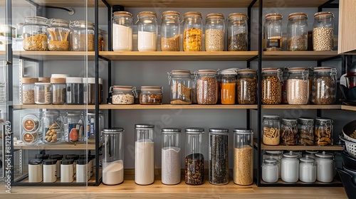 organized kitchen pantry storage room with food containers and glass jars on shelves racked cabinets for home supplies