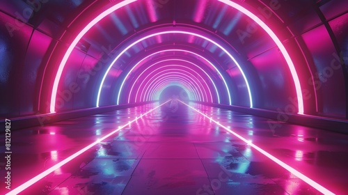 The image is a dark tunnel with neon lights on the walls