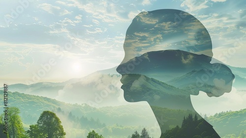 peaceful landscape within human head outline mental tranquility and inner peace concept photo