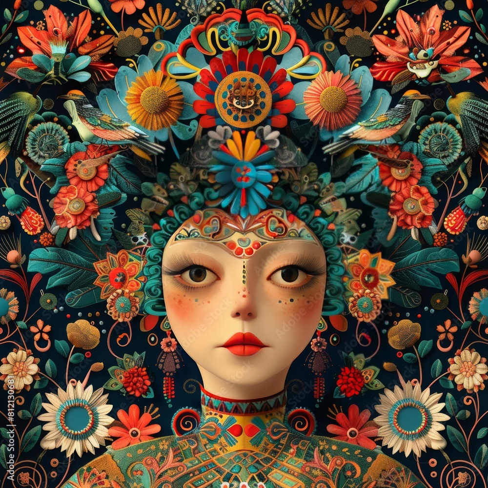 The image is a depiction of a woman's face. She has brown eyes and dark hair. Her face is covered in flowers and vines. The image is very colorful and has a surreal quality. The image is a depiction of a woman's face. She has brown eyes and dark hair. Her face is covered in flowers and vines. The image is very colorful and has a surreal quality.