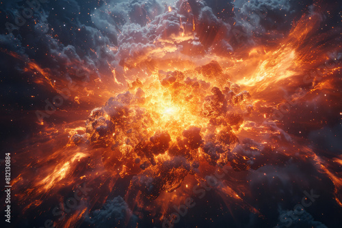 Conceptual artwork of a supernova explosion, depicting the brilliant burst and shockwave expansion,