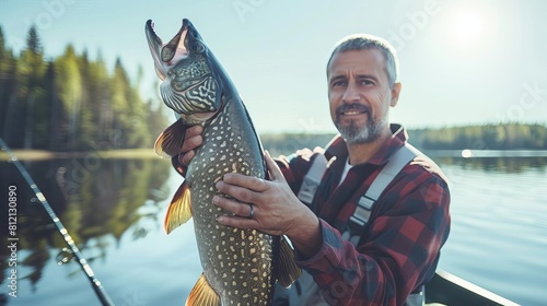 proud fisherman holding trophy pike fish calm lake and clear sky background outdoor adventure photography copy space photo