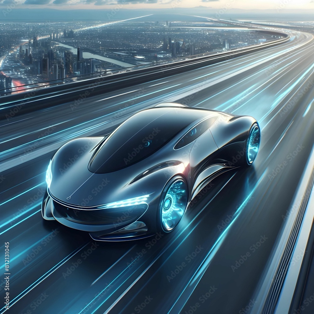 Sleek, futuristic car, zooming down highway, CGI render