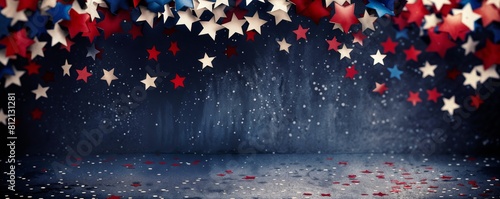Festive textured dark navy blue stage backdrop with red, white, and blue stars, shimmering glitter and confetti. American holiday or patriotic promotional banner mockup for elections or 4th of July photo