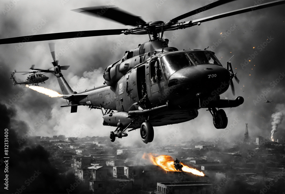 black and white illustration of fire shooting helicopter