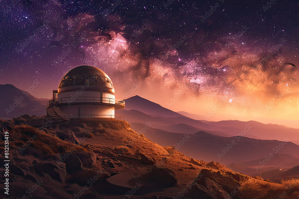 A serene observatory overlooks a twilight landscape under a dazzling, star-filled sky, perfect for astronomical observations. A serene observatory overlooks a twilight landscape under a dazzling, star-filled sky, perfect for astronomical observations.
