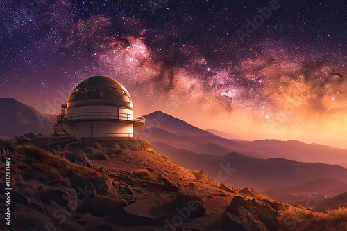 A serene observatory overlooks a twilight landscape under a dazzling  star-filled sky  perfect for astronomical observations.