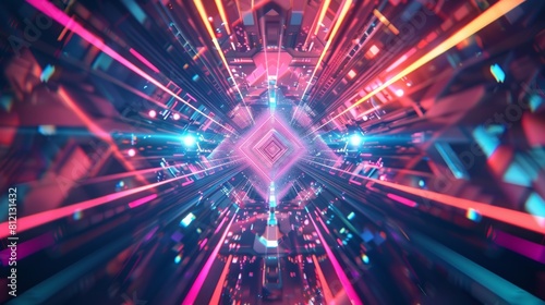 The image is a glowing tunnel of blue and pink neon lights.