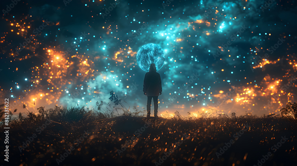 A dramatic digital composition where a solitary figure stands watching a mesmerizing intergalactic phenomenon unfold in the night sky above a wild meadow