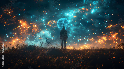 A dramatic digital composition where a solitary figure stands watching a mesmerizing intergalactic phenomenon unfold in the night sky above a wild meadow photo
