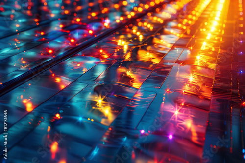 Abstract art showing the photovoltaic effect within a solar cell, converting light to electricity, photo