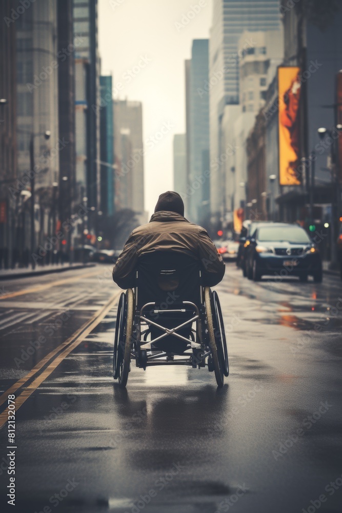 disabled person in a wheelchair rides down the street  Generative AI