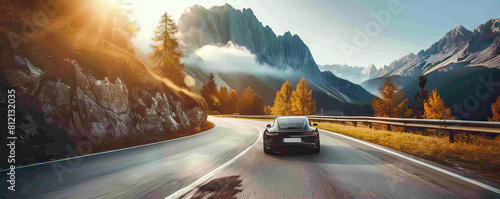 A luxury sports car speeds along a curvy mountain road surrounded by stunning autumnal scenery and vibrant fall colors.