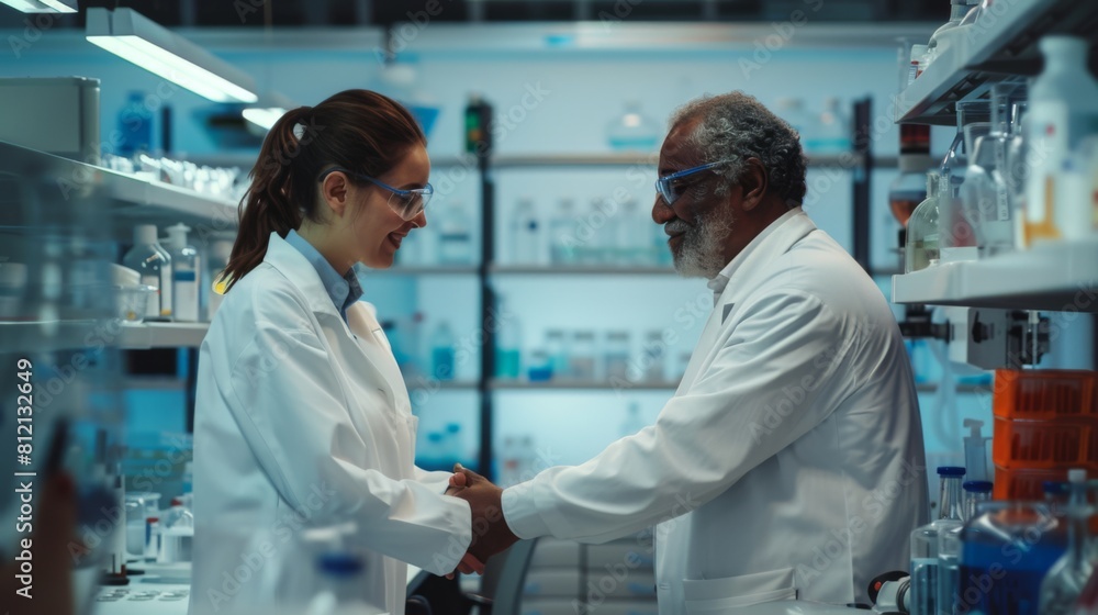 Obraz premium Scientists Handshaking in Laboratory