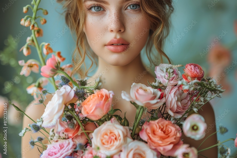 Fototapeta premium A gorgeous young girl's face framed by a lush floral arrangement in soft focus