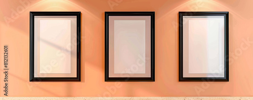 Boutique craft store with three empty posters in artistic black frames spotlighted against a pastel orange wall suitable for craft supply promotions or workshop announcements