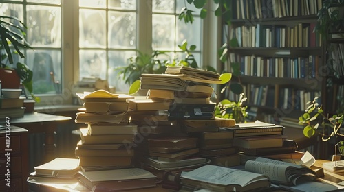serene studious atmosphere sunlit academic workspace with stacks of books and papers concept indoor photoshoot photo