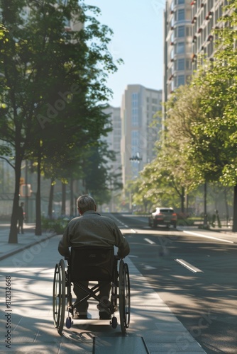 disabled person in a wheelchair rides down the street  Generative AI © Evghenii