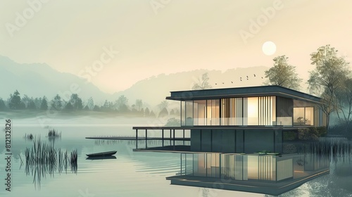 serene waterfront haven tranquil residence floating on placid aquatic backdrop concept illustration
