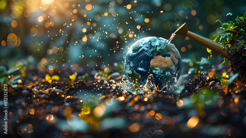 An evocative image showing a golden watering can nurturing a globe with fresh water amidst a magical, illuminated backdrop photo