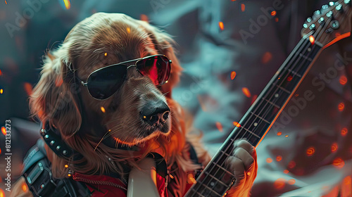 A Golden Retriever wearing sunglasses plays an electric bass guitar with a dramatic fiery background.
