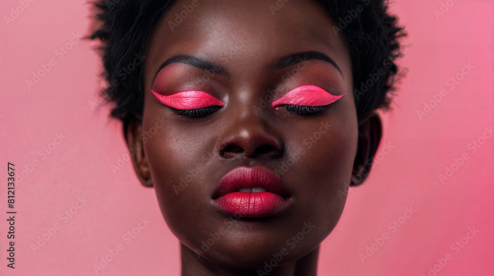 A woman with red lips and pink eye liner