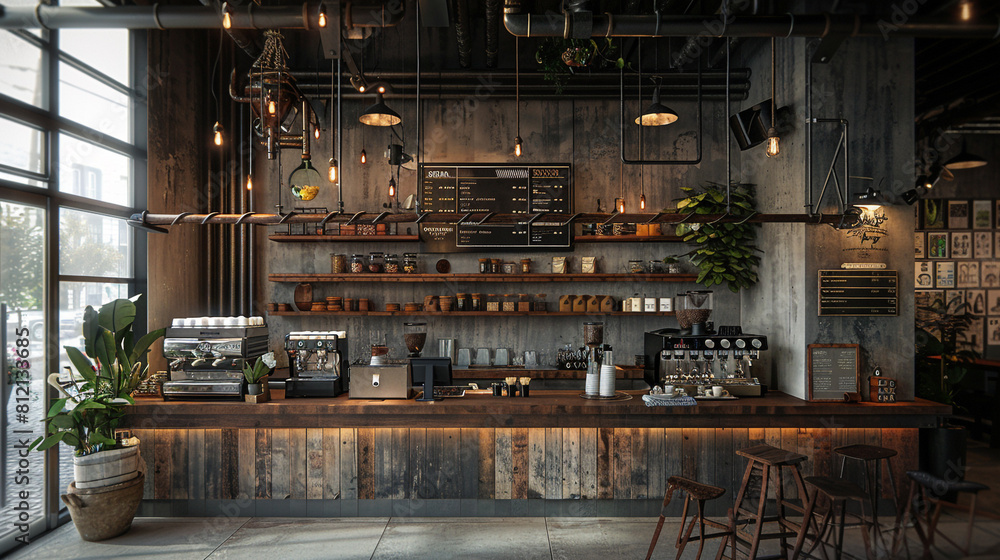 A sleek coffee shop with industrial pipes and reclaimed wood accents