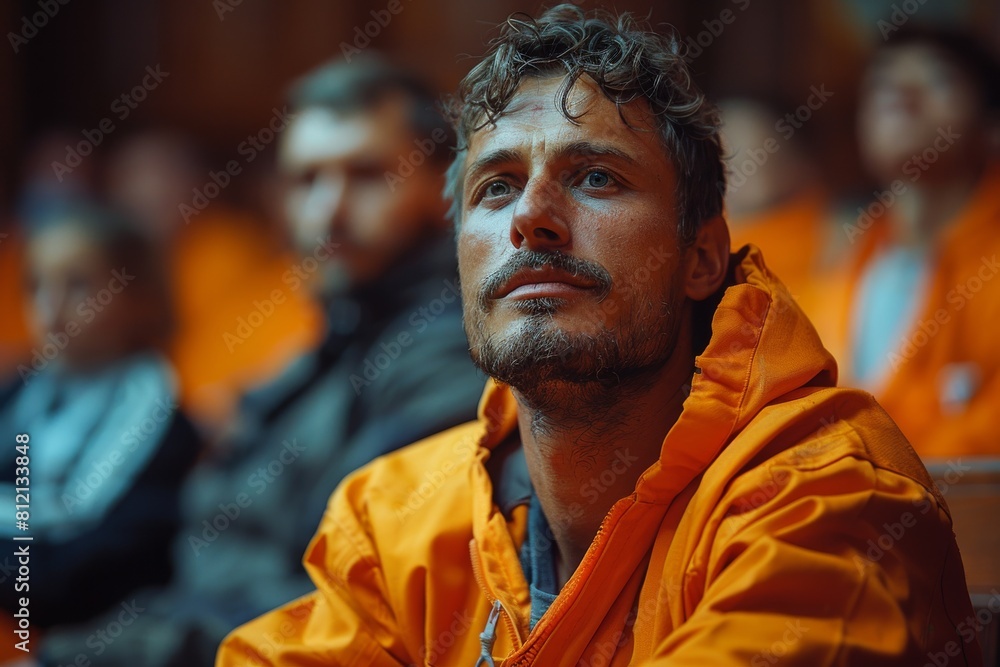Fototapeta premium The image captures an intense expression of a contemplative man wearing an orange jacket at a group event