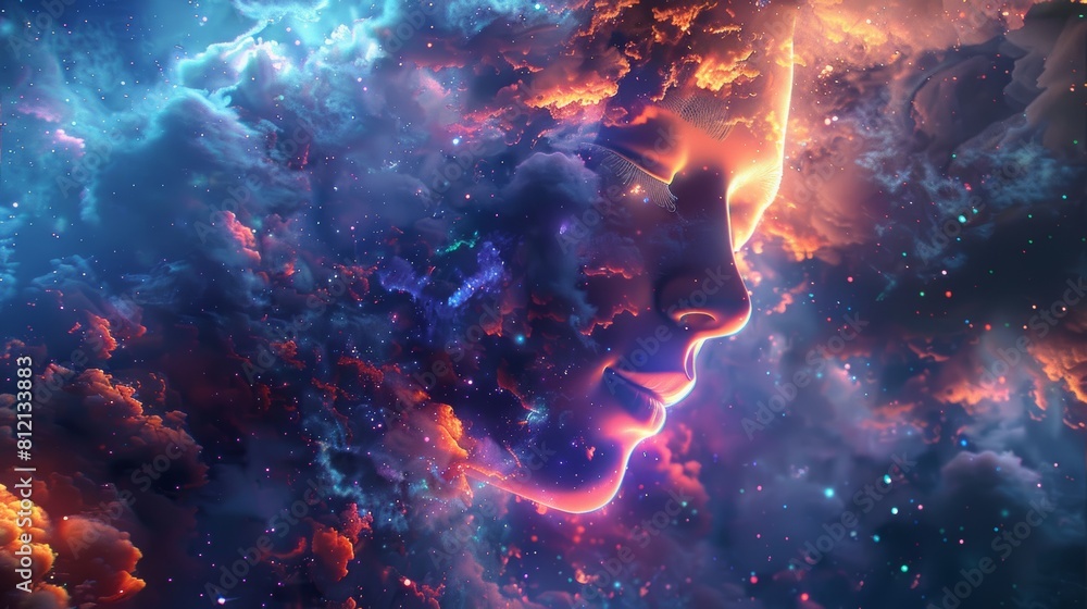 The image is an abstract painting of a woman's face,lights of the mind