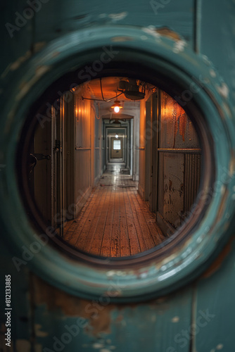 Illustration of a peephole lens on a door, creating a wide-angle view of the hallway from a narrow perspective,
