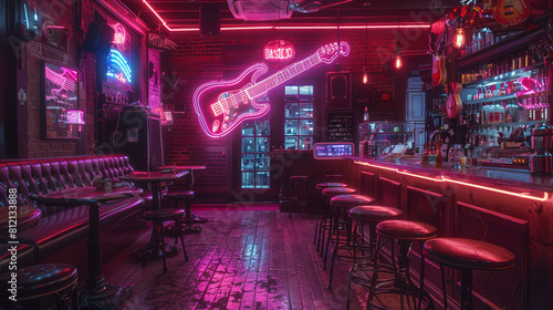 A trendy music store with guitar-inspired decorations and neon lights