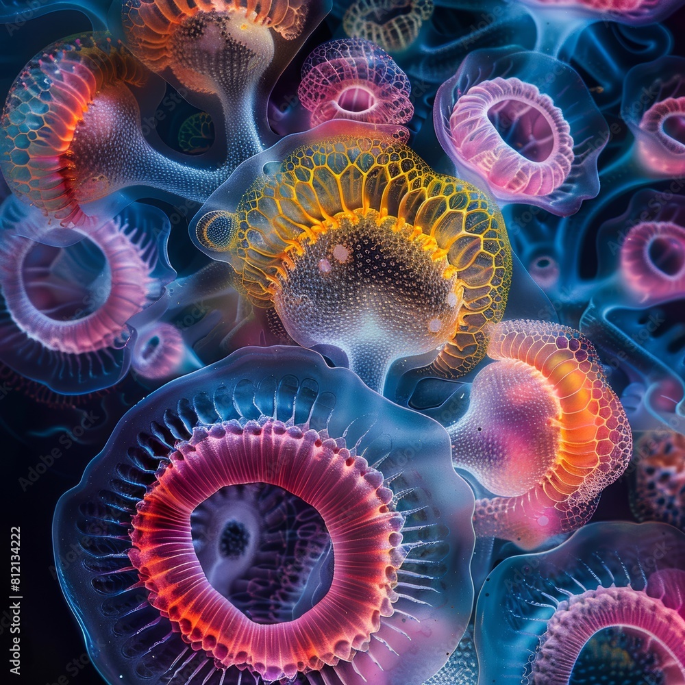 The image is an abstract painting that looks like a bunch of jellyfish with bright colors. The image is an abstract painting that looks like a bunch of jellyfish with bright colors.