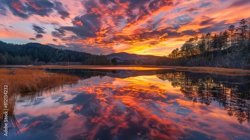 tranquil lake reflecting orange and pink clouds at sunset landscape photography