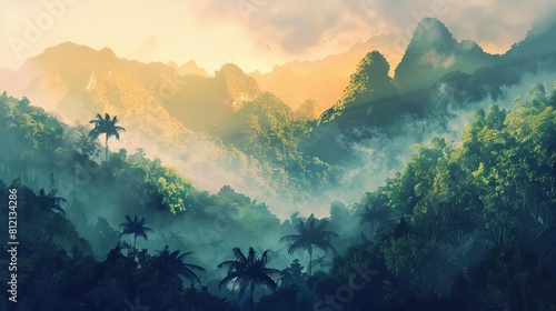 tranquil misty rainforest with lush green foliage and majestic mountains at sunrise nature landscape digital painting photo