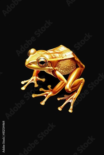 Golden frog logo illustration on black background. Emblem, icon for company or sport team branding photo