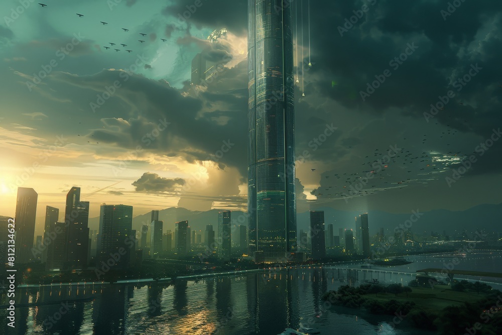 Naklejka premium Develop a concept for a skyscraper that serves as a hub for technological innovation and research.