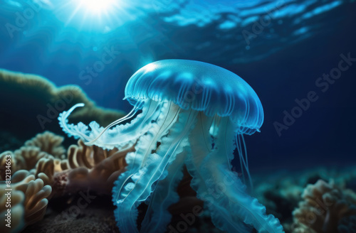 Blue jellyfish drifting gracefully in dark blue ocean water with space for text. Jellyfish with purple body and tentacles. Underwater World